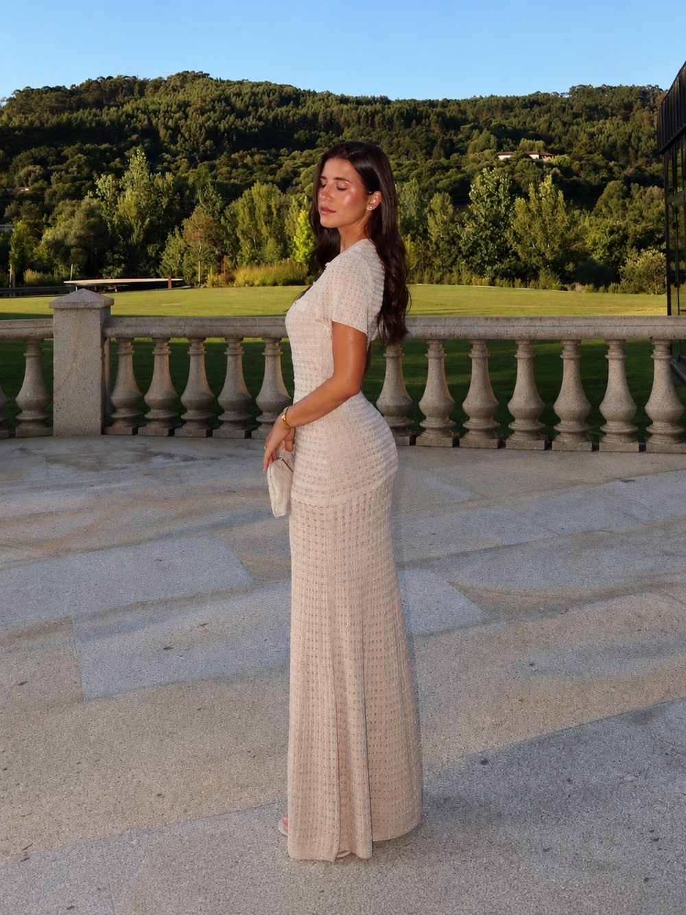COMMENSE Short Sleeve Crochet Knit Mermaid Maxi Dress Khaki Gold Size S NWT - Picture 13 of 13